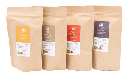 Hele kaffebønner, 4 x 100 gram, økologisk (mellem og lys risteprofil)