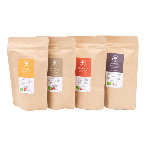 Hele kaffebønner, 4 x 100 gram, økologisk (mellem og lys risteprofil)