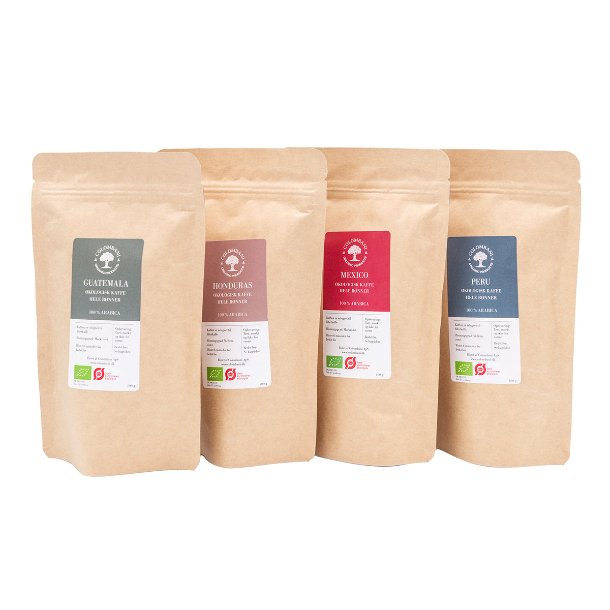 Smagspakke, mellem og mørk risteprofil, 4 x 100 gram, hele kaffebønner, økologisk