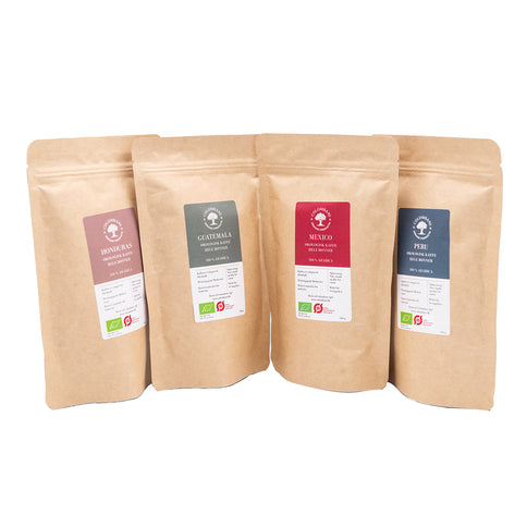 Hele kaffebønner, 4 x 100 gram, økologisk (mellem og mørk risteprofil)
