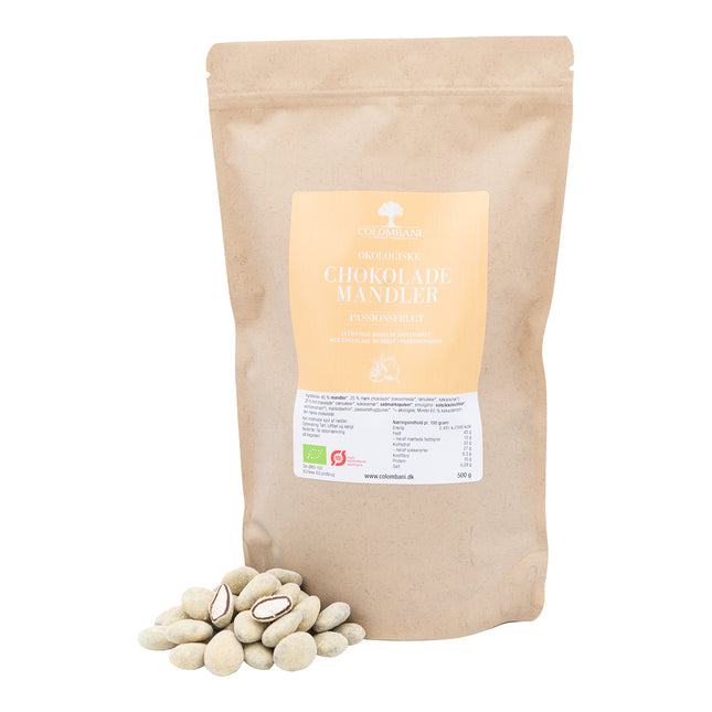 Mandler med chokolade og passionsfrugt, 500 gram, økologisk