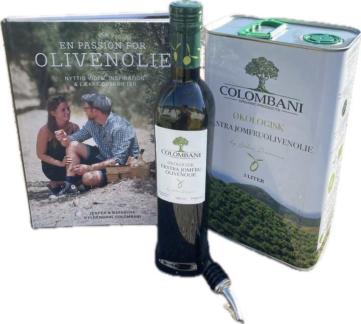 Intropakke til olivenolie: 3 liter olivenolie metaldunk, 500 ml olivenolie, hældetud m/klap og bog