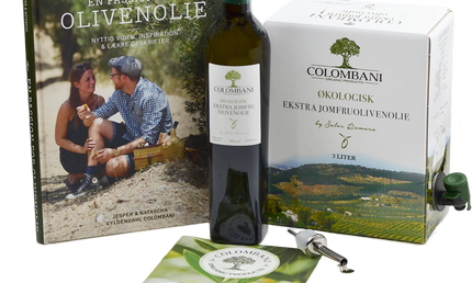 Intropakke til olivenolie: 3 liter olivenolie, 500 ml olivenolie, hældetud m/klap og bog