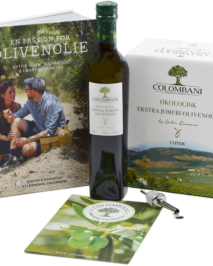 Intropakke til olivenolie: 3 liter olivenolie, 500 ml olivenolie, hældetud m/klap og bog