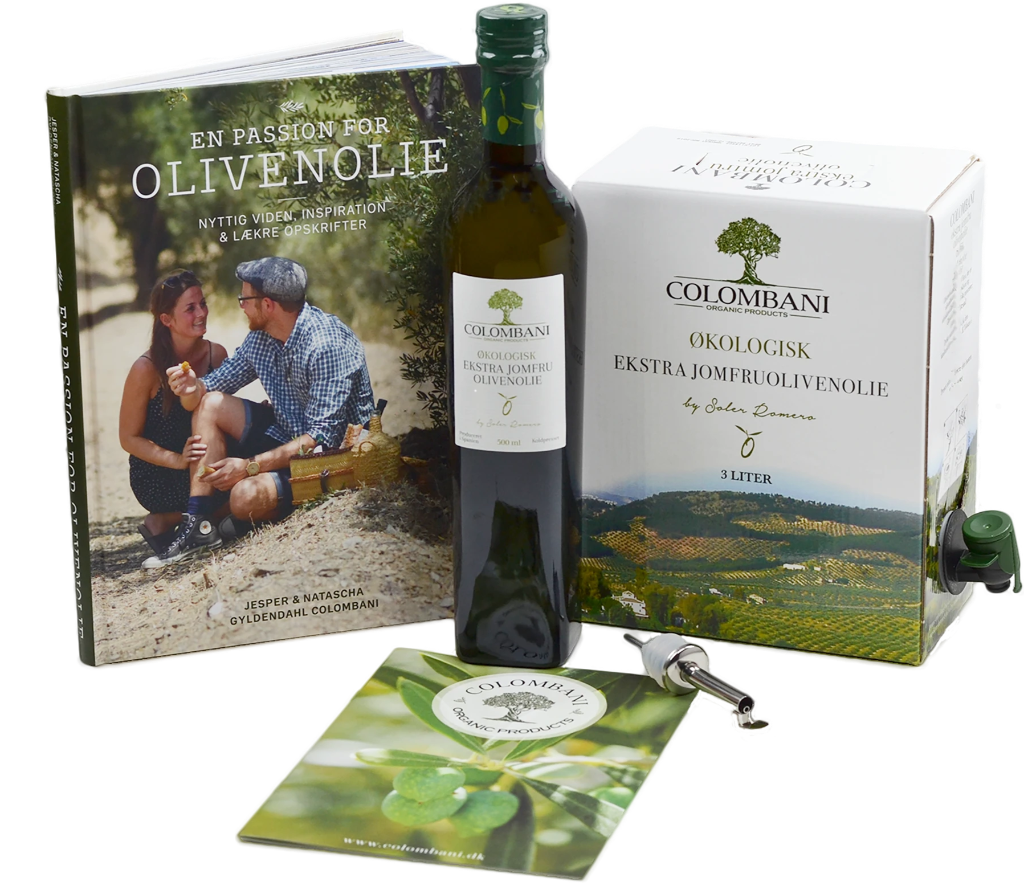 Intropakke til olivenolie: 3 liter olivenolie, 500 ml olivenolie, hældetud m/klap og bog