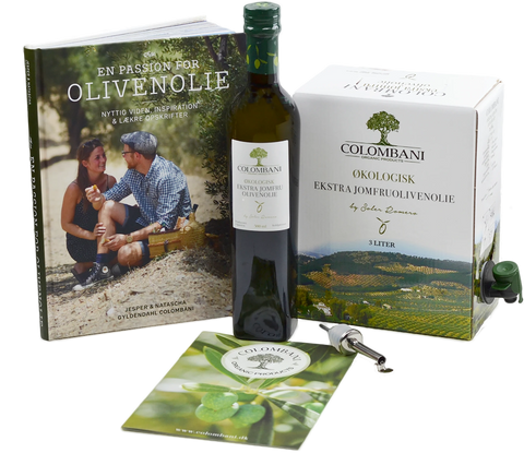 Intropakke til olivenolie: 3 liter olivenolie, 500 ml olivenolie, hældetud m/klap og bog